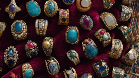 Discover a stunning collection of vintage rings featuring vibrant gemstones and intricate designs, showcased on a rich fabric background, exuding elegance and style.の素材