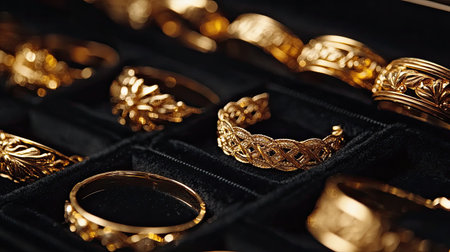A stunning collection of luxurious gold jewelry displayed elegantly on black velvet. Ideal for fashion retail, this image captures intricate designs and craftsmanship.の素材