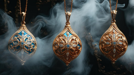 This stunning image features intricate gold pendants adorned with blue and clear gemstones, set against a dark background enveloped in gentle smoke.の素材