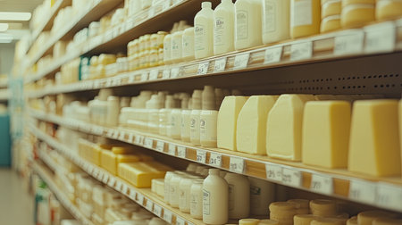 A brightly lit grocery store aisle featuring a variety of neatly arranged bottles and containers in different sizes and colors on shelves.の素材