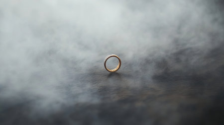 A stunning close-up of a minimalist gold ring delicately placed on a dark surface, accompanied by a soft mist, creating a serene and romantic atmosphere.の素材