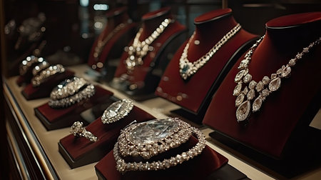 This elegant showcase features a stunning collection of luxury jewelry, including dazzling diamond necklaces, bracelets, and rings, exuding sophistication.の素材