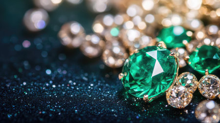 Beautiful green gemstones combined with clear crystals create a stunning visual on a dark, glittery surface, embodying elegance and luxury.の素材