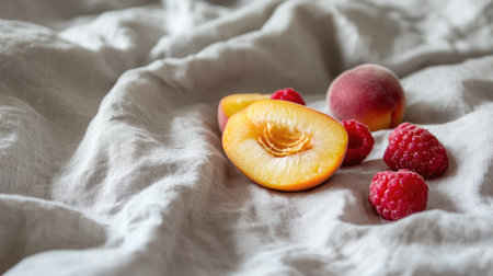 A beautiful composition featuring fresh peaches and ripe raspberries on soft textured fabric, capturing the essence of summer and inviting a sense of joy.の素材