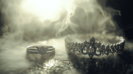 Discover a captivating arrangement of a silver crown and ring, both intricately designed with sparkling gems, set in a misty atmosphere that enhances their elegance.の素材