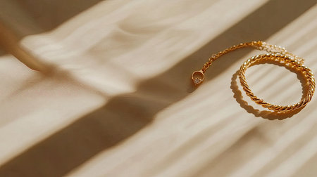 A stunning gold bracelet rests on soft fabric, showcasing intricate design and texture with beautiful shadows created by warm sunlight. This elegant piece represents beauty and luxury in perfect harmony.の素材