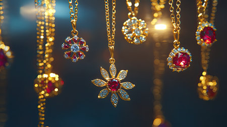 Immerse yourself in this stunning collection of gold jewelry featuring red gemstones. Each piece shines with exquisite craftsmanship and elegant design, perfect for fashion enthusiasts.の素材