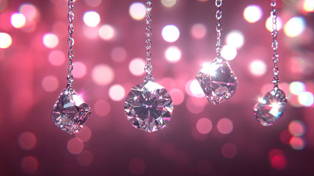 This stunning image features sparkling diamonds hanging from a silver chain against a soft pink background, creating a festive and elegant atmosphere filled with reflections and bokeh effects.の素材
