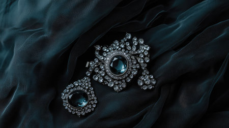 A stunning arrangement of a vintage jewelry brooch and earrings featuring beautiful gemstones, set against a rich dark fabric backdrop.の素材