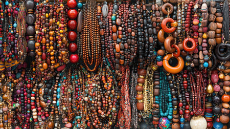 Vibrant assortment of handcrafted jewelry featuring various beads and necklaces on display, showcasing diverse colors, textures, and artistic craftsmanship.の素材