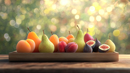 A beautifully arranged wooden tray filled with a variety of fresh fruits, including pears, figs, and peaches, set against a soft, bokeh background.の素材