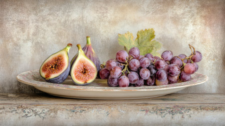 A visually appealing still life featuring fresh figs and grapes arranged on a decorative plate. The rustic background enhances the natural beauty of the fruits.の素材