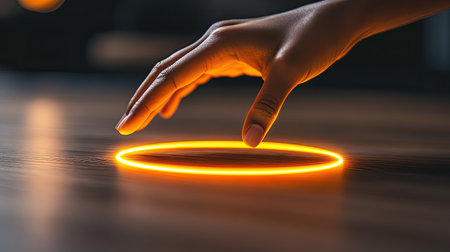 A serene image of a hand gently touching a glowing orange circle on a wooden surface, evoking a sense of warmth and innovation in a dimly lit environment.の素材