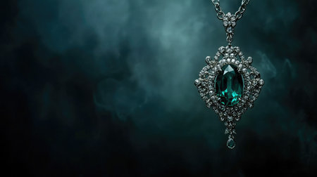 A stunning emerald necklace featuring intricate diamond accents radiates luxury, elegantly showcased against a dark, mystical background that enhances its beauty.の素材