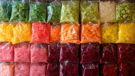 An enticing collection of brightly colored sweet cubes displayed in clear bags creates a vibrant visual feast. Perfect for candy lovers and food photography enthusiasts.の素材