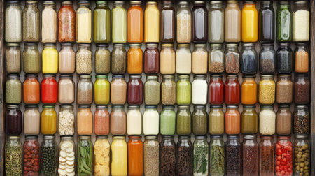 This image captures a vibrant arrangement of jars filled with a diverse range of ingredients, showcasing colors and textures ideal for culinary inspiration and healthy living.の素材