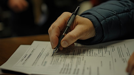 A close-up view of a hand gripping a pen while signing an important document on a wooden table, capturing the essence of professionalism and responsibility.の素材