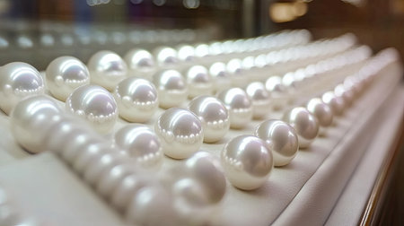 This captivating close-up image features an elegant arrangement of lustrous pearls delicately displayed in a jewelry showcase, highlighting their natural beauty and shine.の素材