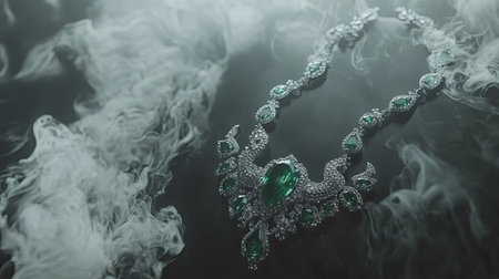 This artistic image features an elegant emerald necklace adorned with sparkling diamonds, surrounded by a mystical smoky background that enhances its luxury and sophistication.の素材
