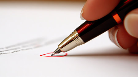 A detailed close-up of a hand holding a luxurious pen, creating a heart symbol in red ink on white paper, evoking feelings of love and romance.の素材