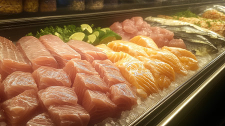 An inviting display of fresh, sushi-grade fish arranged neatly on ice, showcasing a variety of cuts including salmon and tuna, ideal for culinary use.の素材