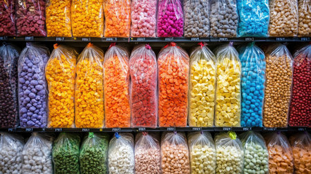A vibrant arrangement of assorted candies in clear bags displayed on shelves, showcasing a delightful variety of colors and textures, perfect for any sweet-toothed shopper.の素材