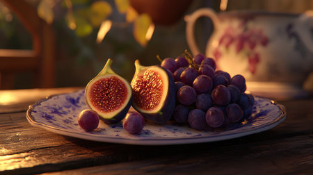A beautiful arrangement of fresh figs and grapes on a decorative plate, set against a rustic wooden table. The warm natural light emphasizes the textures and colors.の素材