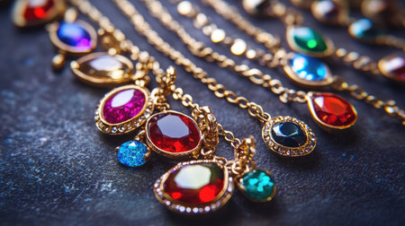 A striking arrangement of colorful gemstone necklaces featuring sparkling jewels and elegant chains, perfect for showcasing luxury fashion and beauty.の素材
