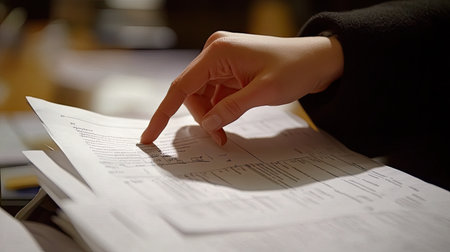 A closeup of a hand pointing at business documents featuring detailed data analysis and graphs in a softly lit indoor workspace. Elements reflect professional research.の素材