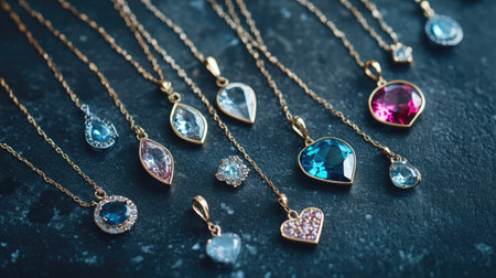 This captivating image showcases a collection of exquisite necklaces adorned with colorful heart-shaped pendants, sparkling gemstones, and elegant designs.の素材
