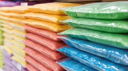 Vibrant assortment of colorful sand bags displayed in a craft store, perfect for various outdoor or indoor projects, enhancing creativity and fun.の素材