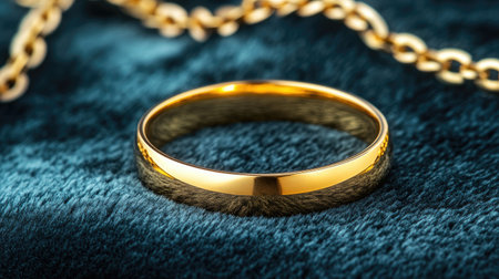 This captivating image features a stunning gold ring set against a plush velvet background, complemented by delicate chain accents, highlighting its elegance.の素材