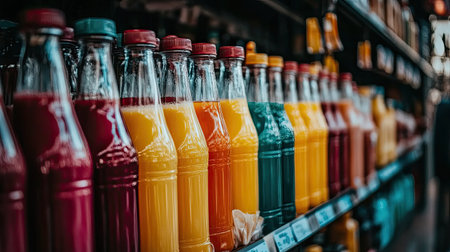 A vibrant collection of colorful juice bottles lined on a supermarket shelf, showcasing a variety of flavors and freshness, perfect for any beverage lover.の素材