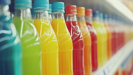 A vibrant display of assorted soft drink bottles lined up on a supermarket shelf, showcasing various colors and refreshing beverage options ideal for summer enjoyment.の素材