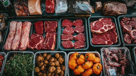A vibrant market scene featuring an array of fresh meat cuts alongside colorful vegetables and herbs, showcasing a variety of local produce and culinary options.の素材