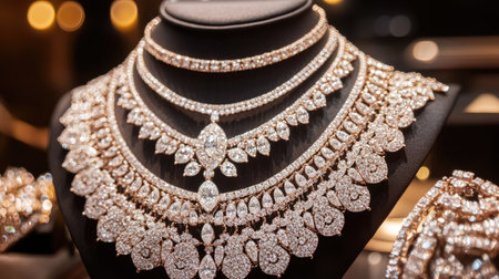 This stunning jewelry display features an elegant arrangement of intricate diamond necklaces, perfect for showcasing luxury and sophistication in a retail setting.の素材