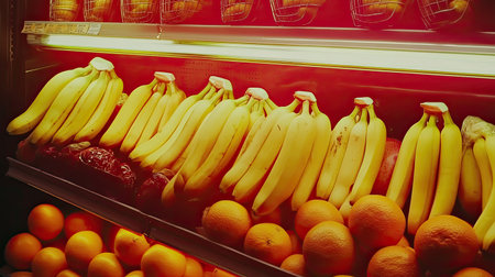 A colorful display of fresh bananas and oranges in a grocery store's produce section, showcasing vibrant colors and textures that enhance healthy eating choices.の素材