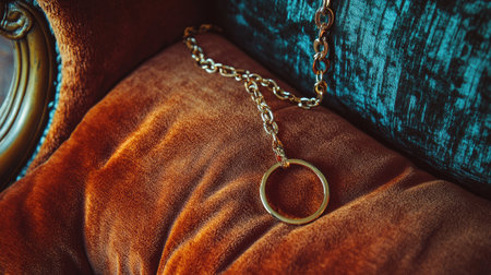 A stunning gold chain with a loop pendant rests elegantly on a plush velvet armchair, showcasing rich orange and teal tones that create a cozy atmosphere.の素材