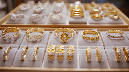 An exquisite arrangement of gold and diamond jewelry showcases a variety of stunning pieces, perfect for shoppers seeking luxury and elegance.の素材