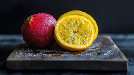 A stunning arrangement of vibrant fresh fruits featuring a juicy lemon sliced to reveal its acidity alongside an exotic red fruit, perfect for culinary inspiration.の素材