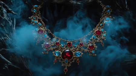An exquisite vintage necklace featuring vibrant red and blue gemstones, beautifully crafted with intricate details, set against a dramatic smoky backdrop.の素材
