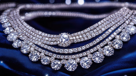 This stunning diamond necklace showcases exquisite craftsmanship with sparkling gems, perfect for fashion displays or elegant gifts on a rich blue background.の素材
