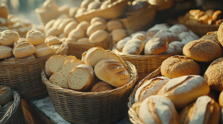 A stunning display of freshly baked breads in a bustling market, showcasing a variety of textures and colors that invite exploration and enjoyment.の素材