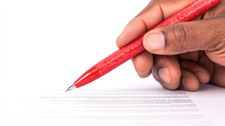 A close-up image of a hand holding a vibrant red pen poised over a document ready for signing. Perfect for office, education, or creative projects.の素材