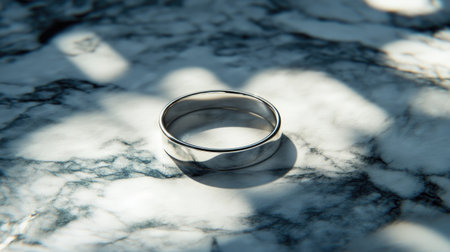 A beautifully polished silver ring rests on a marble surface, surrounded by gentle shadows and natural light, creating an elegant and timeless composition.の素材