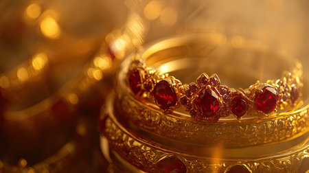 This stunning closeup of elegant gold bracelets adorned with red gemstones showcases rich colors and exquisite craftsmanship, perfect for jewelry enthusiasts.の素材