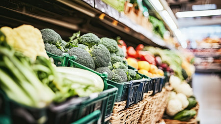 A vibrant display of fresh organic vegetables in a grocery store showcases a variety of healthy produce, inviting shoppers to explore nutritious options.の素材