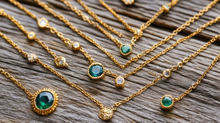 Stunning array of gold necklaces adorned with green gemstones and sparkling accents, beautifully displayed on a rustic wooden surface, showcasing craftsmanship and elegance.の素材