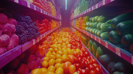 A vibrant display of assorted fruits and vegetables fills a grocery aisle, showcasing colors from red to green, illuminated by artistic light.の素材