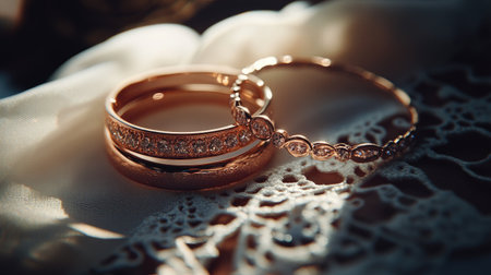 This stunning image captures elegant rose gold rings adorned with sparkling diamonds, beautifully resting on intricate lace fabric. Perfect for conveying luxury and style.の素材